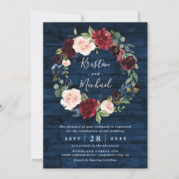 Navy Blue Burgundy Blush Watercolor Wreath Wedding Invitation