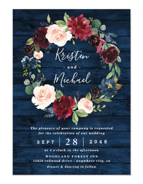 Navy Blue Burgundy Blush Watercolor Wreath Wedding Magnetic Invitation