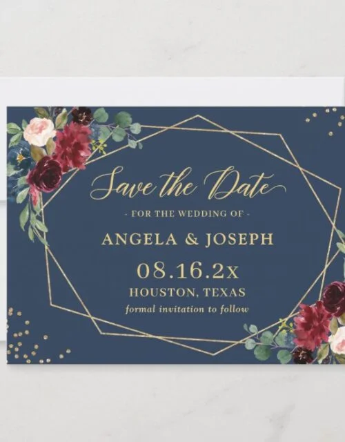 Navy Blue Burgundy Floral Gold Geometric Wedding Save The Date