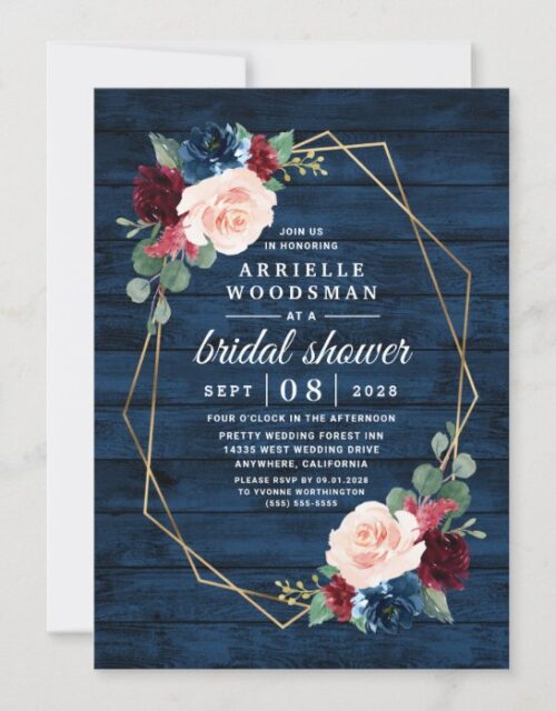 Navy Blue Burgundy Gold Blush Pink Bridal Shower Invitation
