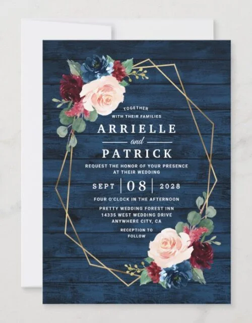 Navy Blue Burgundy Gold Blush Pink Country Wedding Invitation
