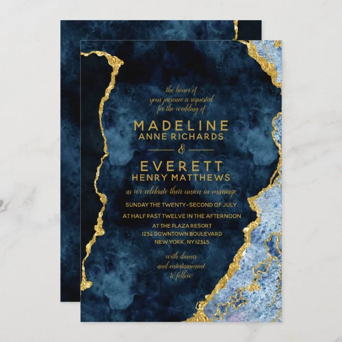 Navy Blue & Gold Foil Agate Wedding Invitations