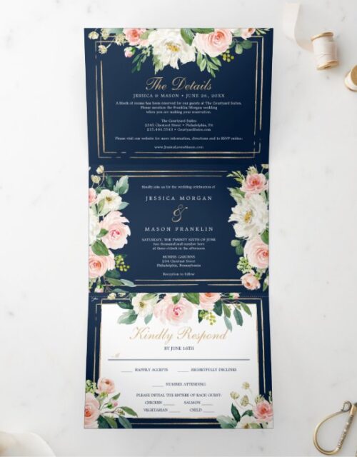Navy Blue Gold Wedding Tri-Fold Invitations RSVP