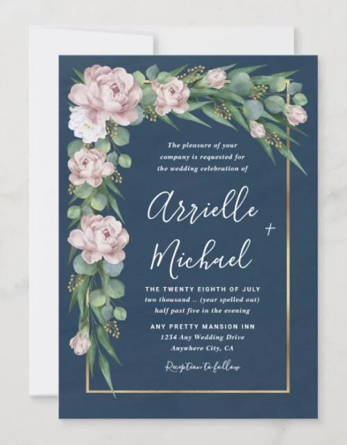 Navy Blue & Pink Dusty Rose Greenery Gold Wedding Invitation