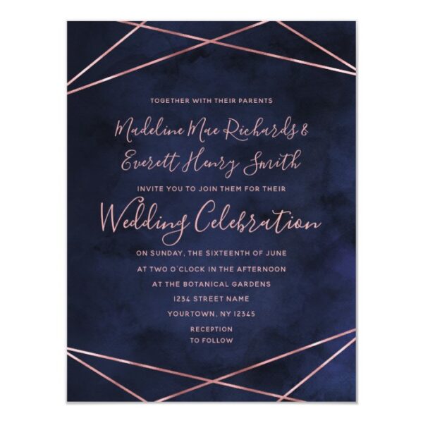 Navy Blue & Rose Gold Magnetic Wedding Invitation