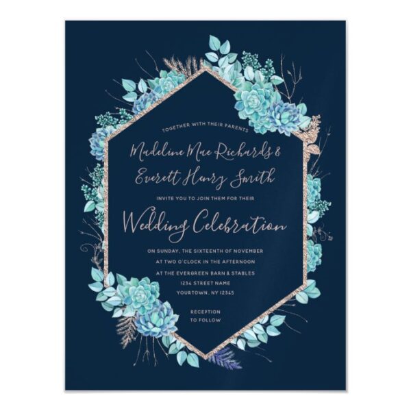 Navy Blue Succulents Magnetic Wedding Invitation