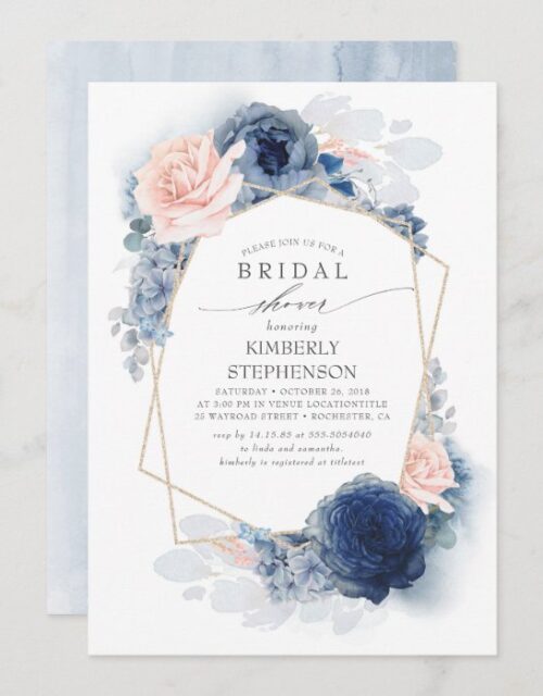 Navy Blush Dusty Blue Floral Modern Bridal Shower Invitation