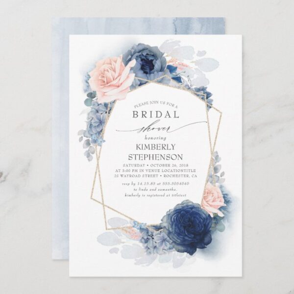 Navy Blush Dusty Blue Floral Modern Bridal Shower Invitation