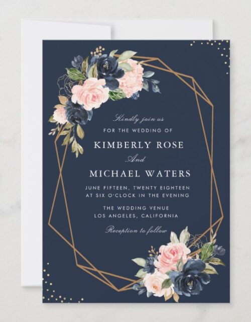 Navy & blush watercolor floral geometric wedding invitation