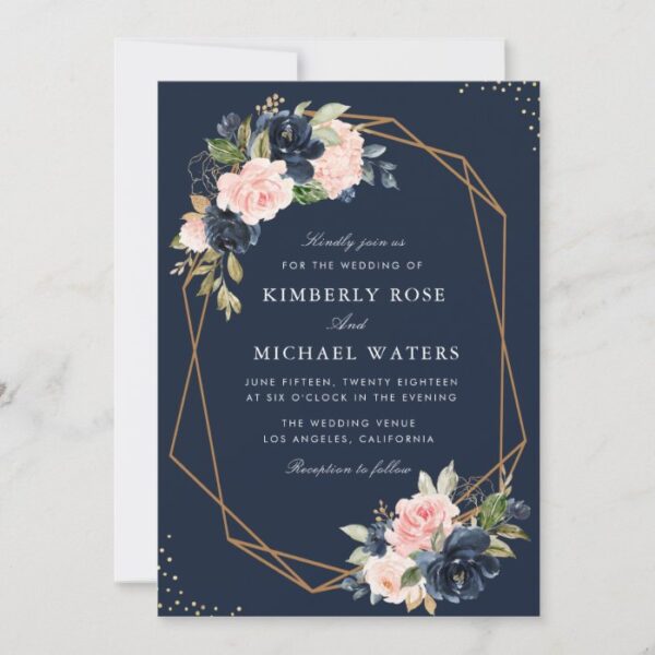 Navy & blush watercolor floral geometric wedding invitation