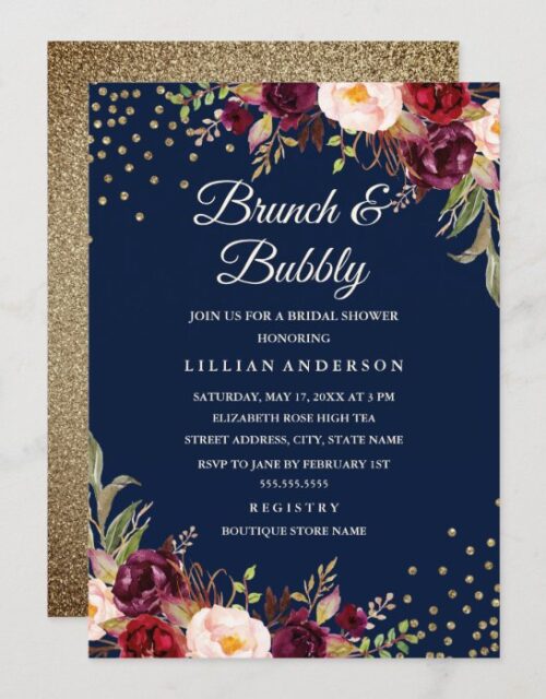 Navy Burgundy Floral Confetti Brunch and Bubbly Invitation