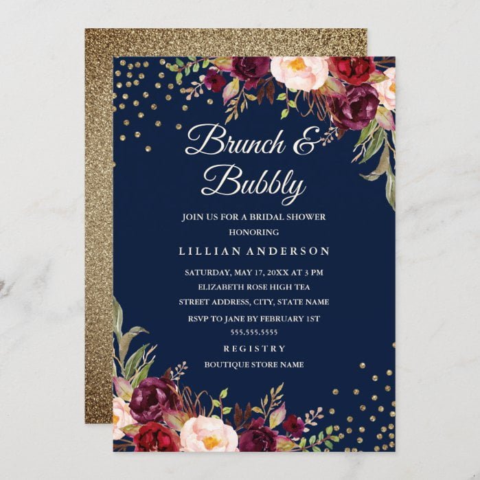 Navy Burgundy Floral Confetti Brunch and Bubbly Invitation
