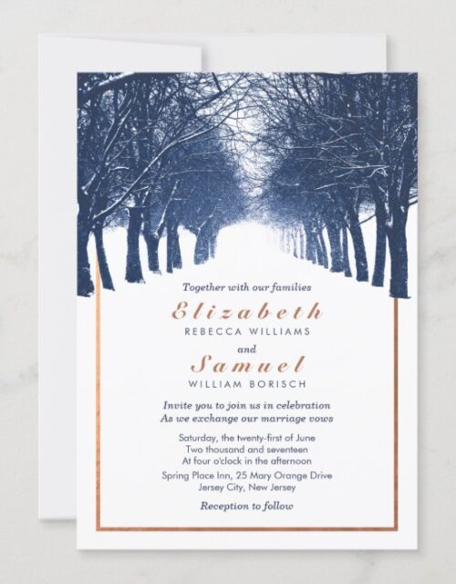 Navy Copper Winter Trees Avenue Wedding Invitation