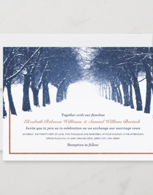 Navy Copper Winter Trees Avenue Wedding Invite