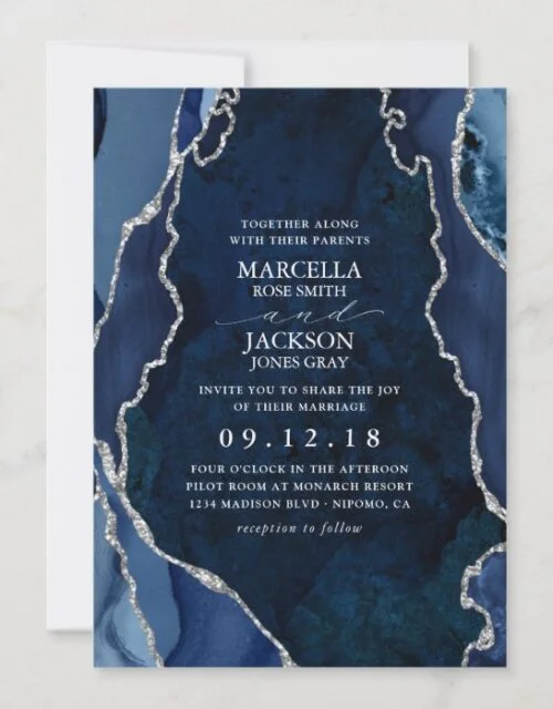 Navy Marble & Silver Agate Wedding Invitation