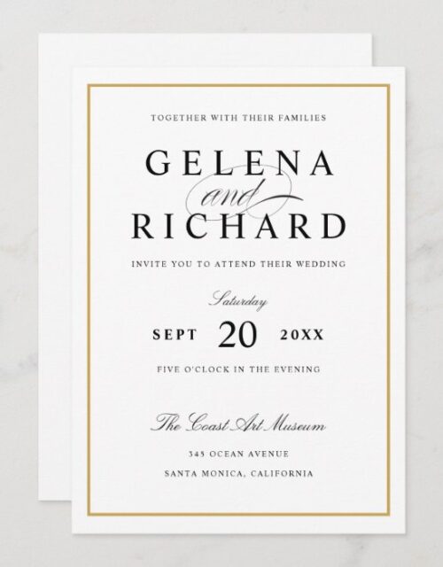 New Elegant Solid Gold Border Wedding Invitation