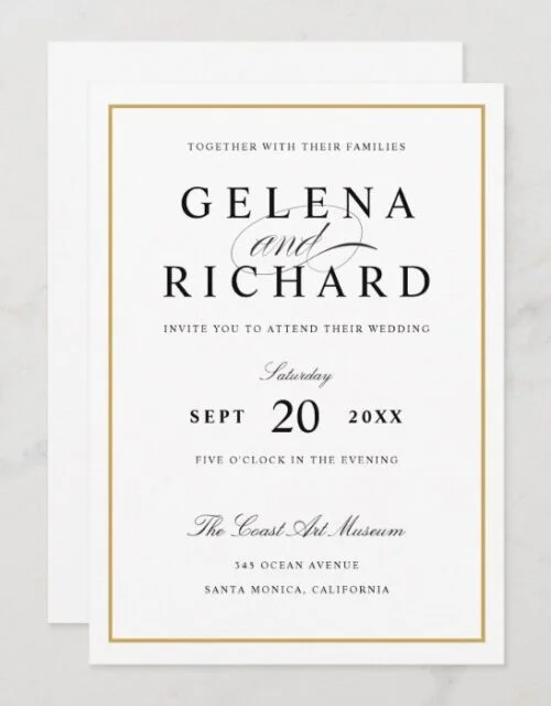 New Elegant Solid Gold Border Wedding Invitation
