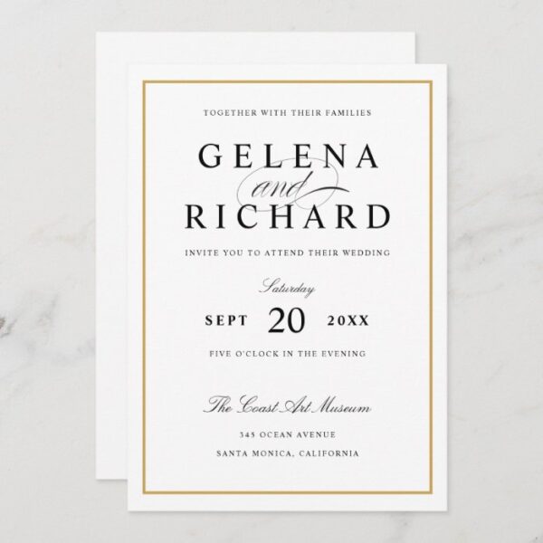 New Elegant Solid Gold Border Wedding Invitation