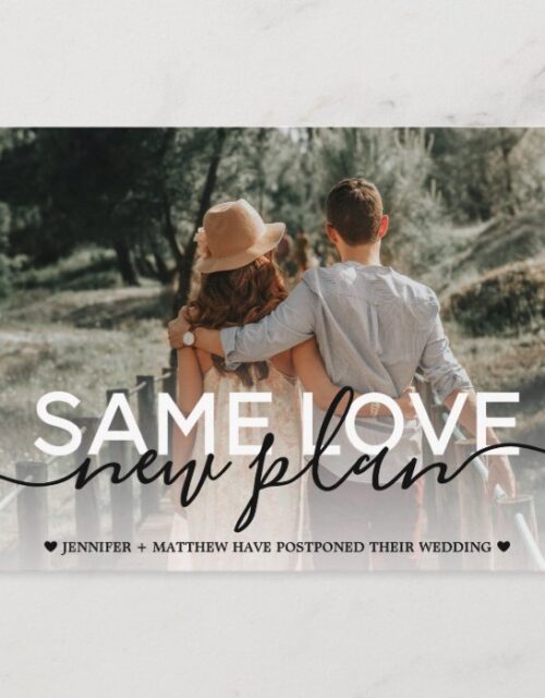 New plan modern typography wedding change the date announcement postcard