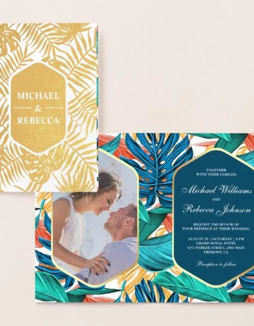 Ocean Sea Blue Gold Foil Tropical Wedding Invite