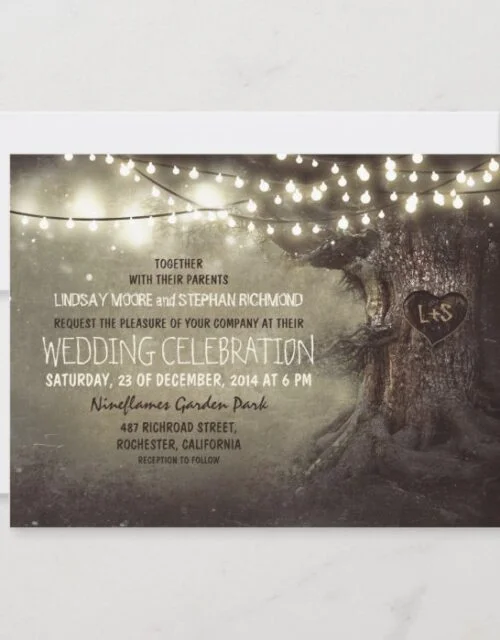 Old Oak Tree and Wood Heart Rustic Country Invitation