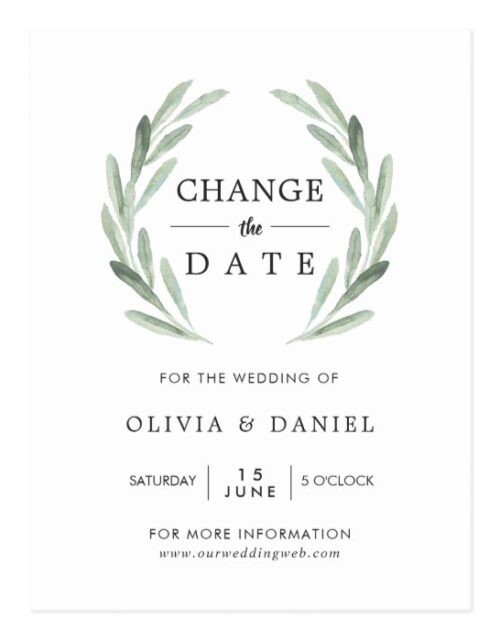 Olive Branch Wreath Wedding Change the Date Postcard