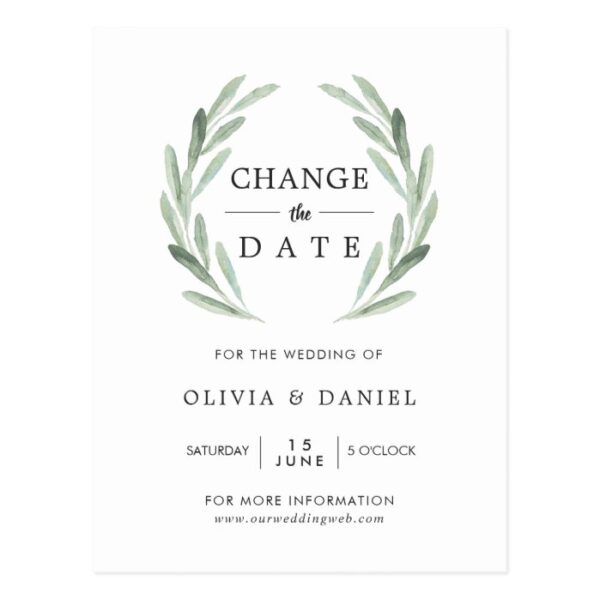 Olive Branch Wreath Wedding Change the Date Postcard