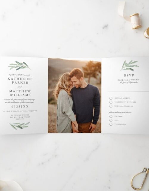 Olive Watercolor and Faux Rose Gold Wedding Photo Tri-Fold Invitation