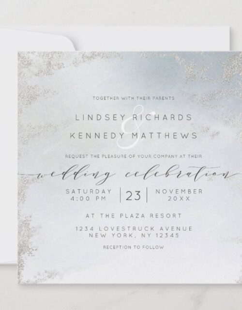 Ombre Dusty Blue Frosted Silver Wedding Square Invitation