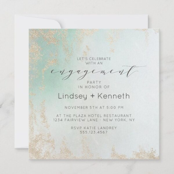 Ombre Teal Aqua Frosted Square Engagement Party Invitation