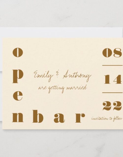 Open Bar Oversized Typography Vintage Cream Bronze Save The Date