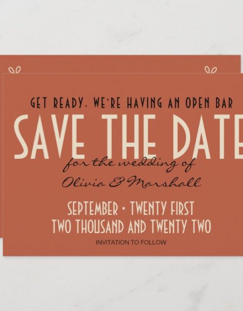 Open Bar Warm Art Deco Typography Simple Photo Save The Date