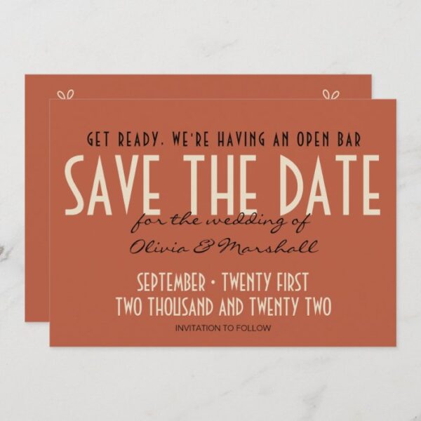 Open Bar Warm Art Deco Typography Simple Photo Save The Date