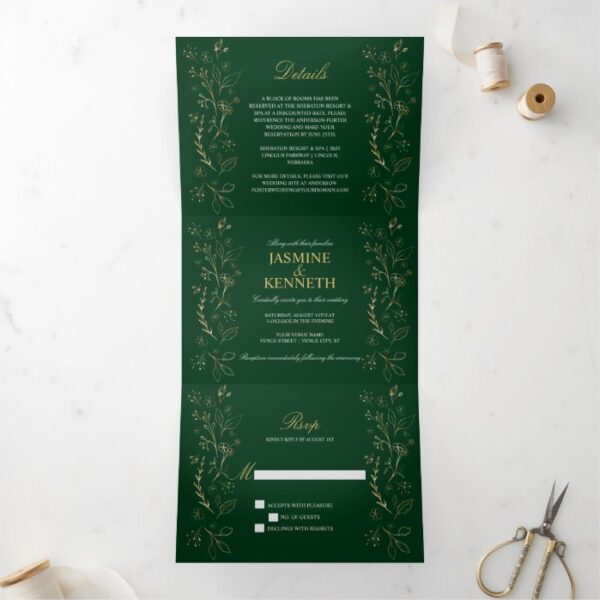 Ornate Gold Floral Swirls on Dark Green Wedding Tri-Fold Invitation
