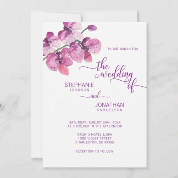 Painted Watercolor Purple Floral Orchids Wedding Invitation