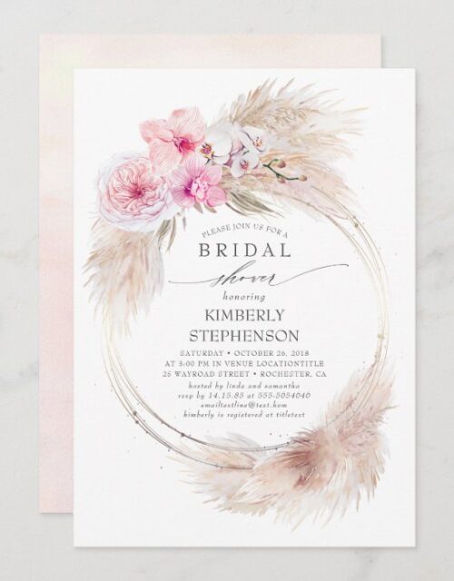 Pampas Grass and Pink Orchids Exotic Bridal Shower Invitation
