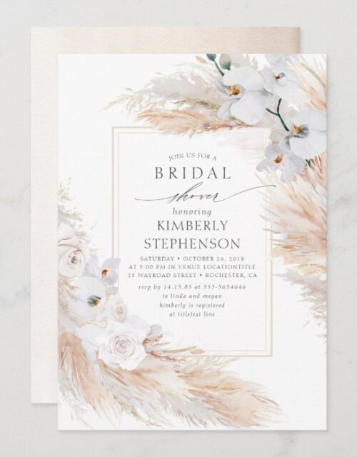 Pampas Grass and White Orchids Chic Bridal Shower Invitation