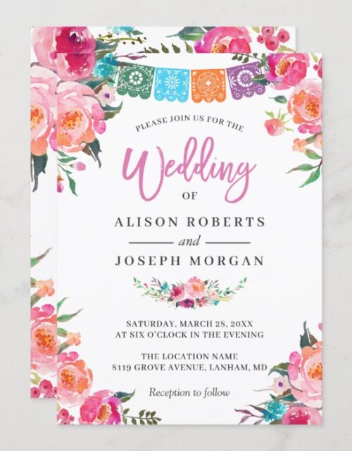 Papel Picado Bloom Flowers Mexican Style Wedding Invitation