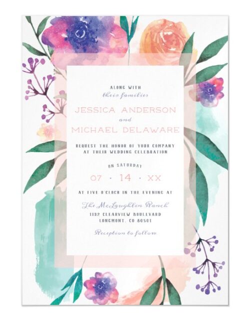 Peach & Purple Watercolor Blooms Floral Wedding Magnetic Invitation