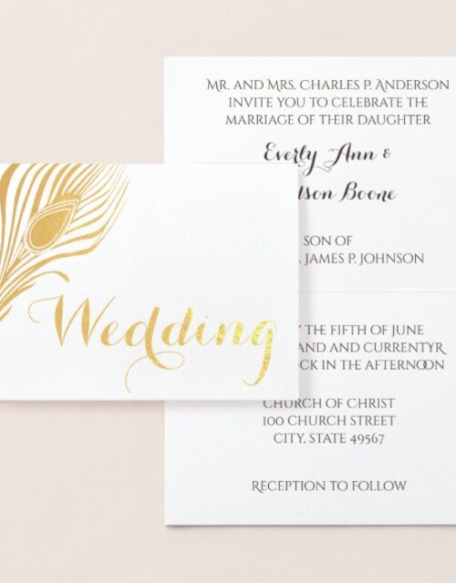 Peacock Typography Gold Foil Wedding Invitations