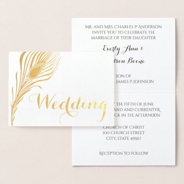 Peacock Typography Gold Foil Wedding Invitations