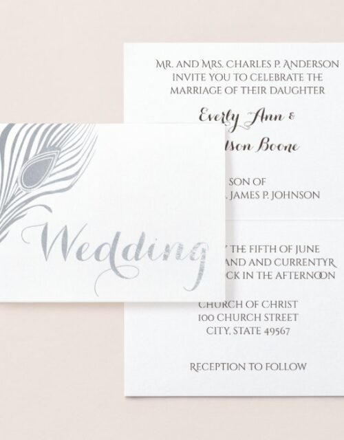 Peacock Typography Silver Foil Wedding Invitations
