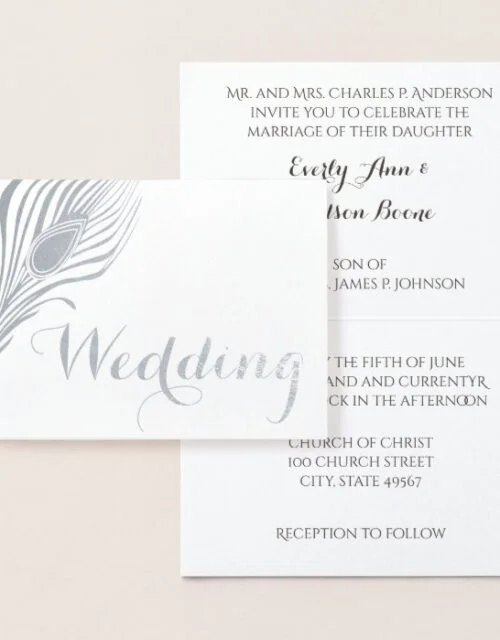 Peacock Typography Silver Foil Wedding Invitations