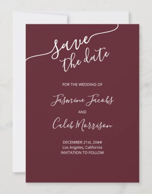Photo and White Script Burgundy Wedding Save The Date