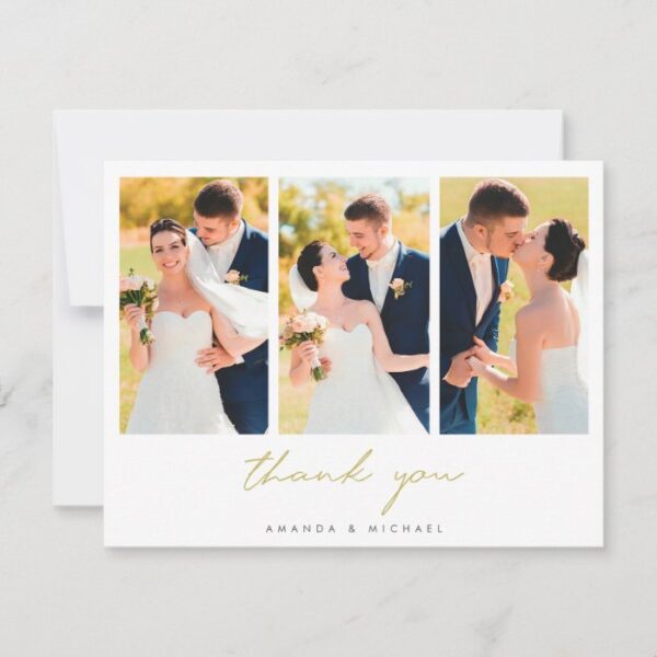 Photo Collage Simple Elegant Modern Gold Wedding Thank You Card
