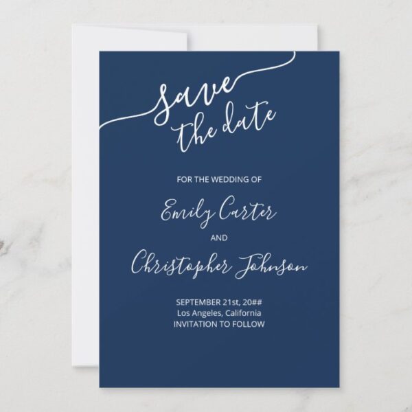 Photo with Elegant Script Navy Blue Wedding Save The Date