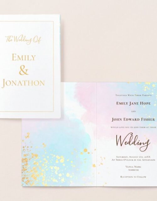 Pink Blue Teal Watercolors Confetti Wedding Gold Foil Card
