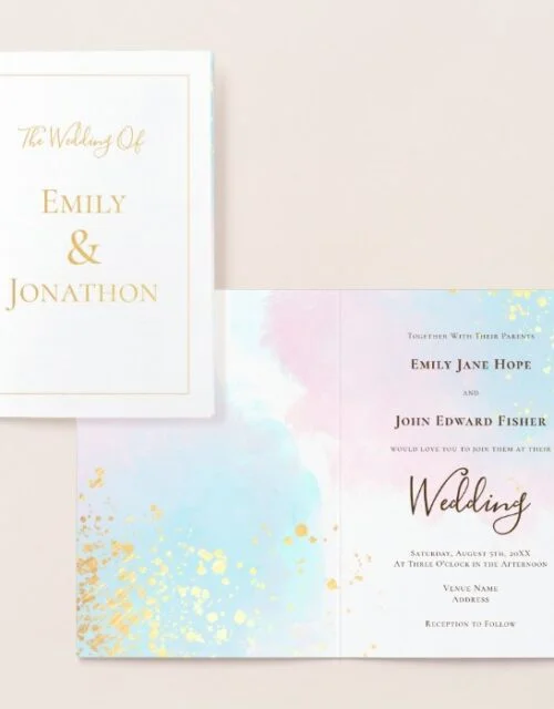 Pink Blue Teal Watercolors Confetti Wedding Gold Foil Card