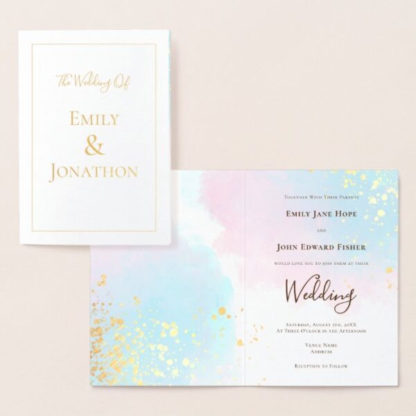 Pink Blue Teal Watercolors Confetti Wedding Gold Foil Card
