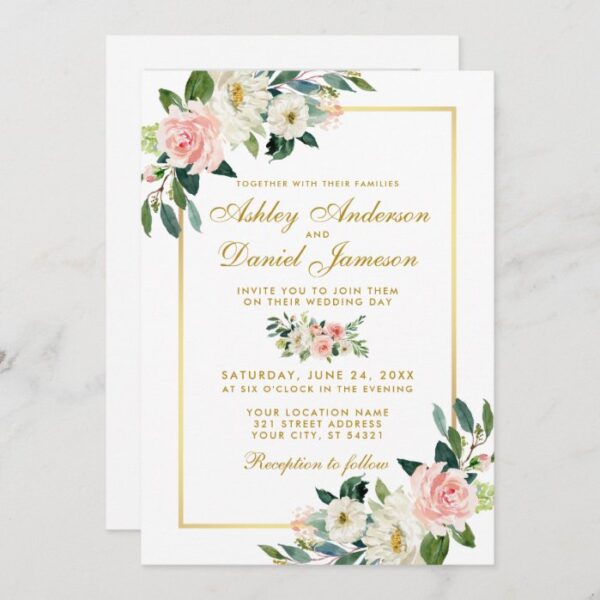 Pink Blush White Floral Gold Wedding Photo Back Invitation